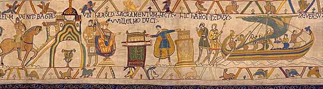 Earl Harold makes an oath before Duke William in Normandy:
The Victorian Bayeux Tapestry
© Reading Museum Service (Reading Borough Council). All rights reserved.