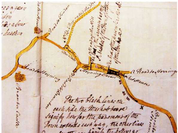 Figure 2.
WRSO, Add Ms. 37, 522, section of sketch map of Steyning town and High Street, dated 1763, showing approximate position of former market-house (note that Church Street, which should be opposite 'A Road up the Hill', has been omitted by the draughtsman).