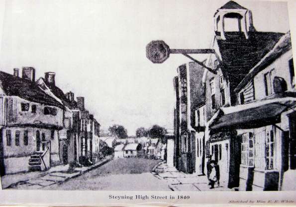 Figure 5.
Steyning High Street in 1840, showing the clock hanging out over the street, and the bell-housing on the rebuilt market-house.