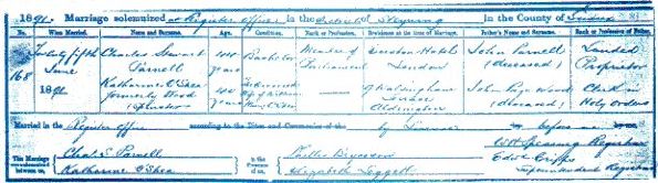 A copy of the marriage certificate, showing the Superintendent Registrar as Edward Cripps. Cripps Lane in Steyning took its name from his family.